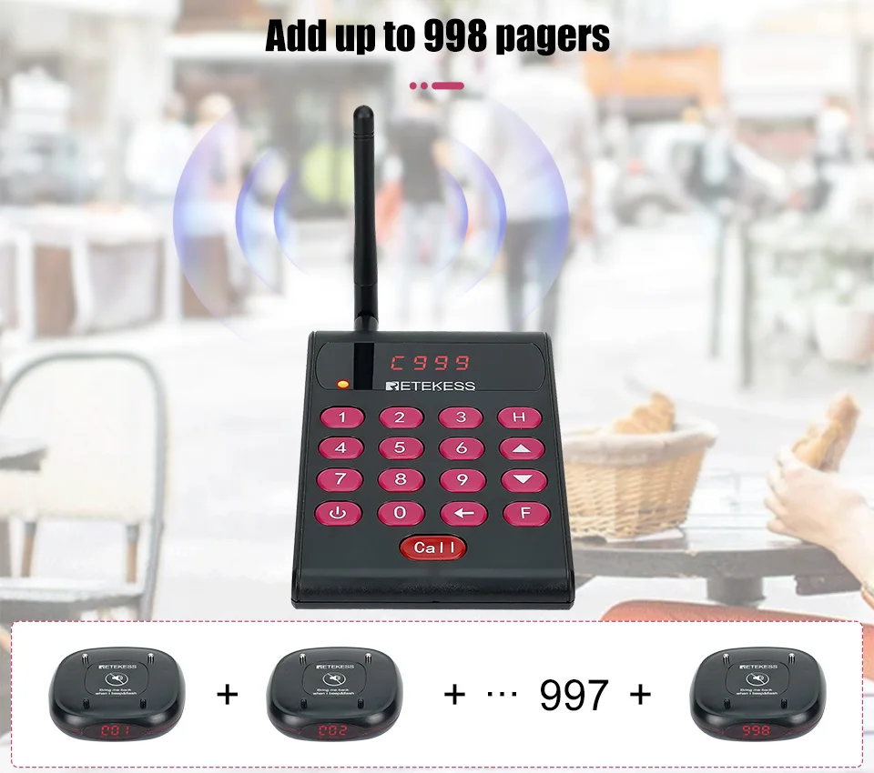Description Picture 5 of itemRetekess TD161 Pagers For Restaurant Calling System 20 Coasters Buzzer Vibrator Receiver Vibration Bell for Cafe Bar Food Truck