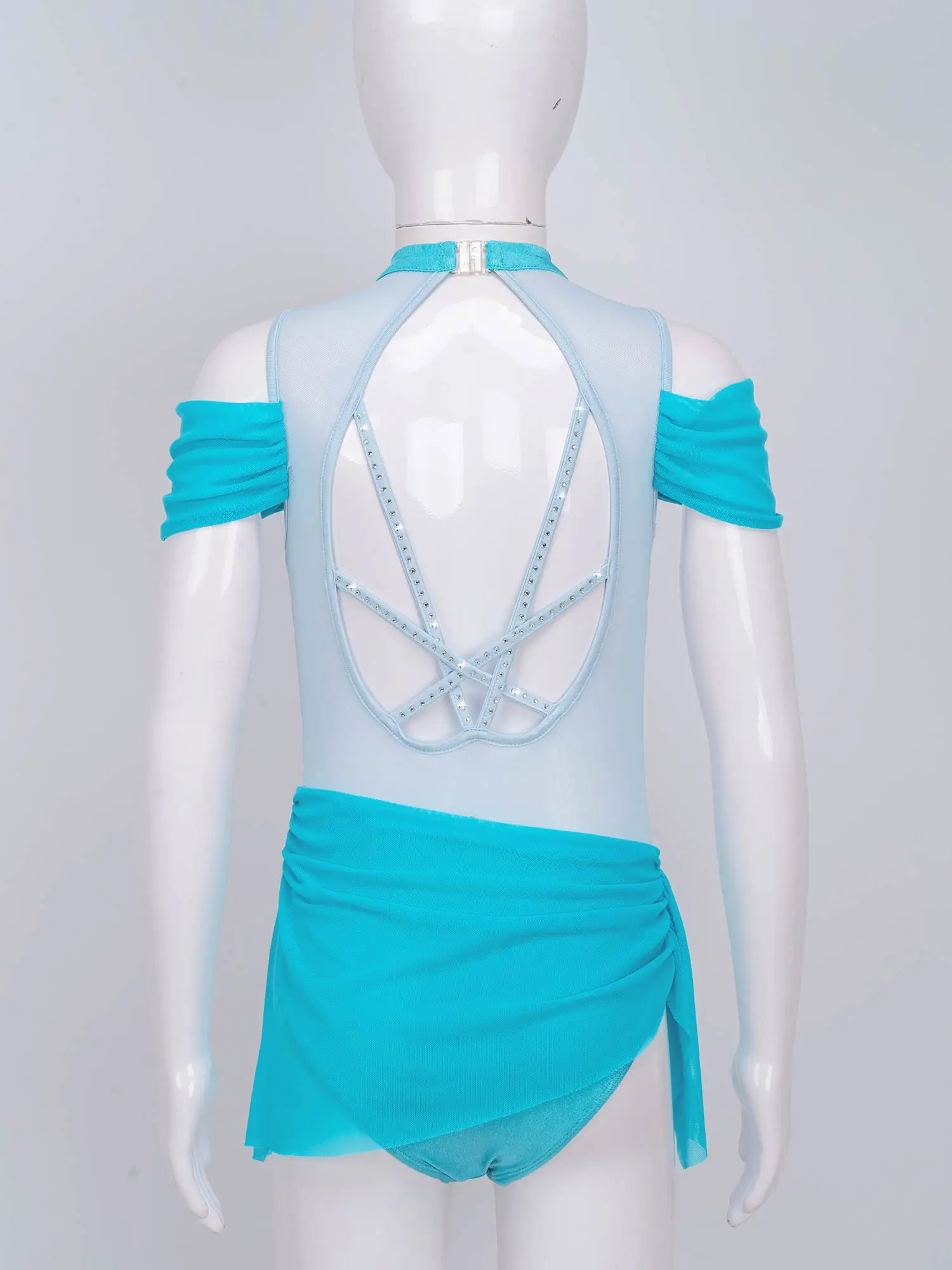 Kids Girls Stylish Clothing Sleeveless Off-shoulder Shiny Rhinestone Decorated Straps Hollow Back Patchwork Style Dance Leotards