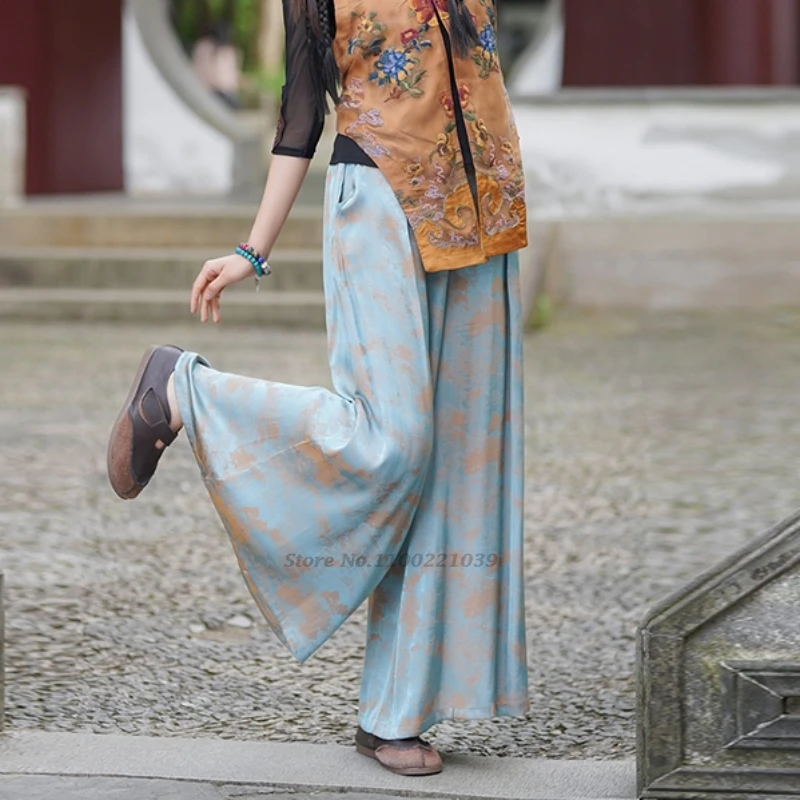 chinese vintage pants national flower print pants women traditional wide leg trousers oriental retro satin folk loose