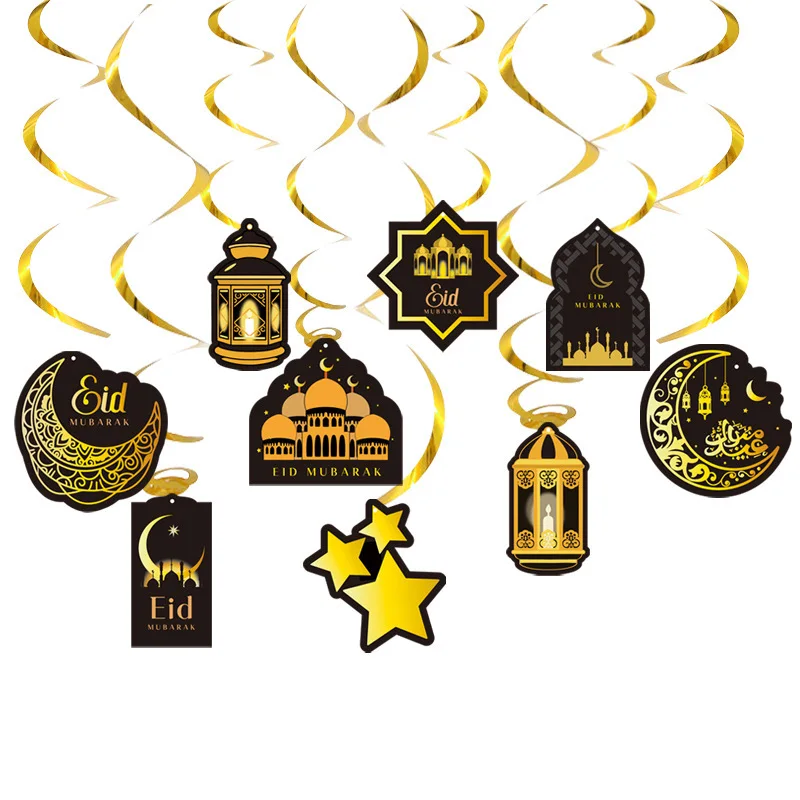 

9pcs EID Mubarak Decoration Swirl Banner Castle Star Moon Ceiling Hanging Ornament Ramadan Kareem Islam Muslim Party Supplies
