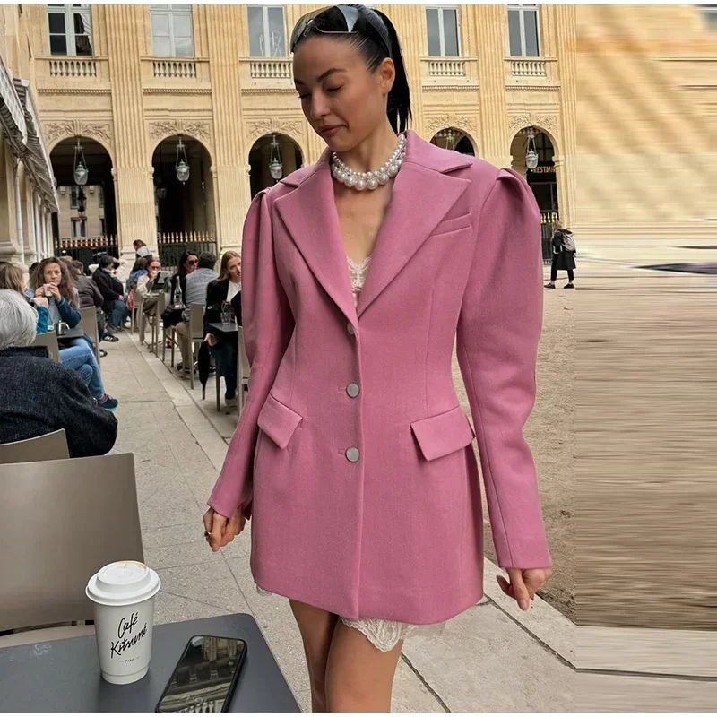 Blazer elegante para mujer, con mangas abullonadas, solapa entallada, botonadura sencilla, cintura ceñida, chaqueta femenina, primavera 2025, ropa de calle para dama