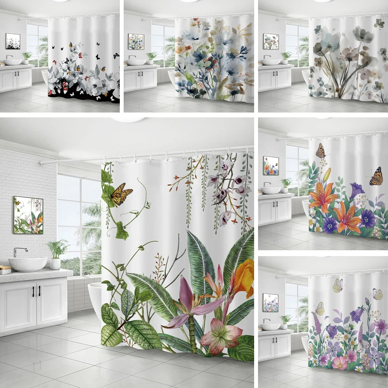 

Штора для ванной с цветами и растениями, водонепроницаемая тканевая занавеска для душа в пасторальном стиле, с крючками, декор для ванной комнаты