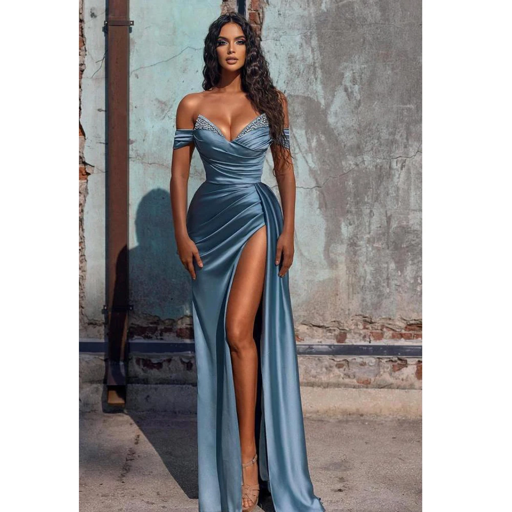 Robe de Soirée Élégante Bleu Poussiéreux pour Femme, Tenue Sexy, Fendue, avec Perles, Buste Froncé, Plis à la Taille, ixde Célébrité