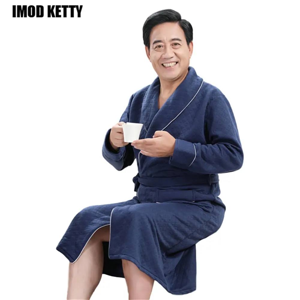 

New Autumn Winter Medium Long Bathrobe Middle-aged and Elderly People Bathrobe Flannel Bathrobe Thickened Warm Men's Nightgown