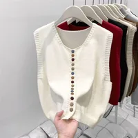 Sweater Vest Autumn Women Rainbow Single-breasted Button Soft Sweater Loose Knit Vest V-neck Knitwear Cardigan Lady Waistcoats - Image 3