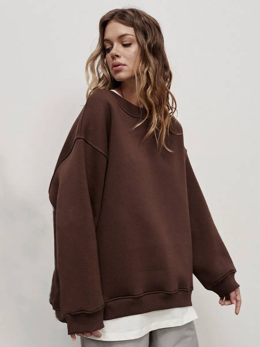Women Oversized Casual Hoodies Autumn Winter O-Neck Capless Sweatshirts Loose Warm Fleece Pullovers Girls Streetwear Top