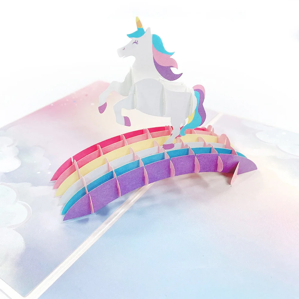 Greeting Cards 1 Pc Space Unicorn Rainbow Bridge Ocean Rocket Funny Birthday Card 3D Greeting Pop Up Birthday Card with Message Note & Envelop