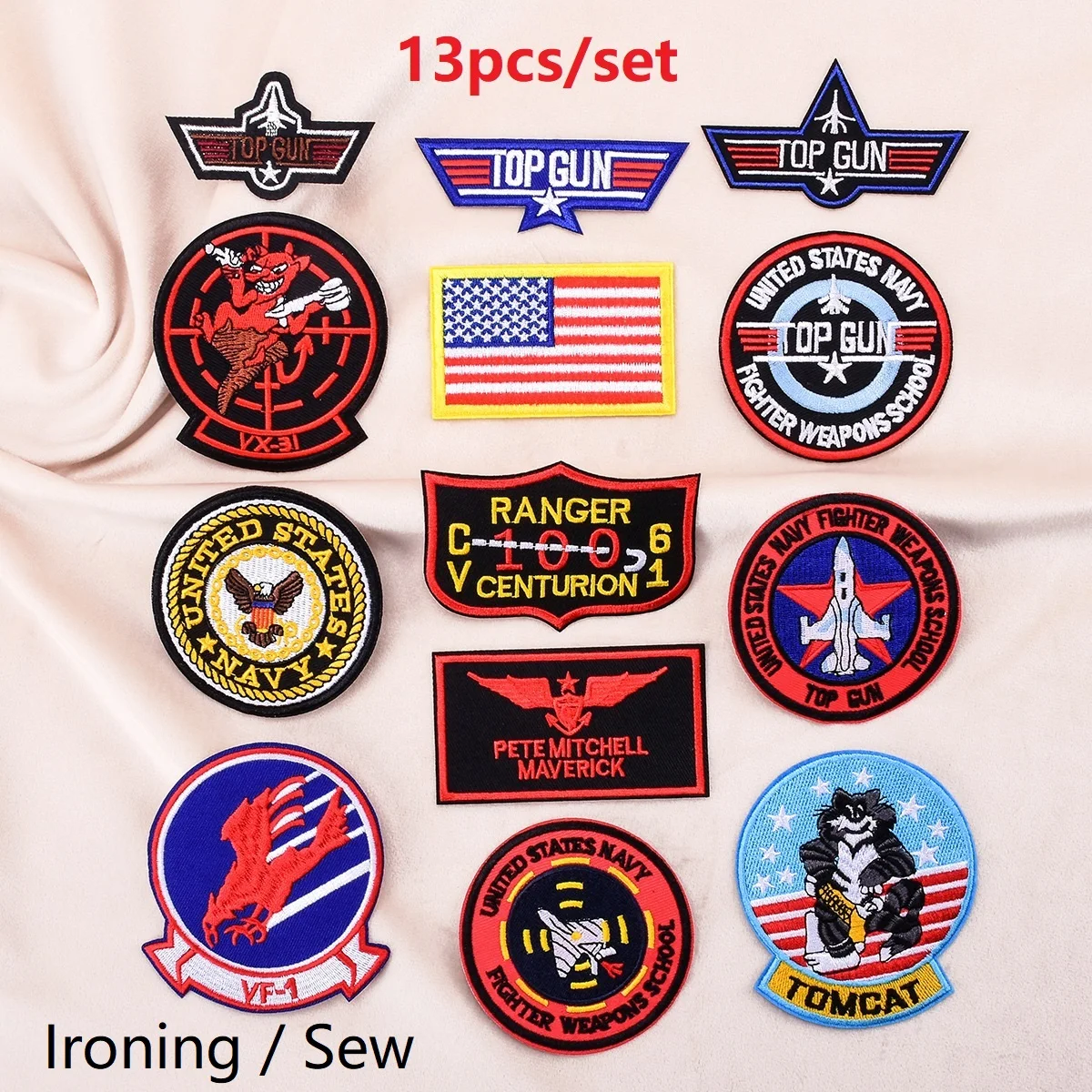

13Pcs/Set Top Gun Tomcat Chapter American Navy Air VF-1 Pilot Armband ironing Embroidery Patch for Sew Clothes Badge Sticker