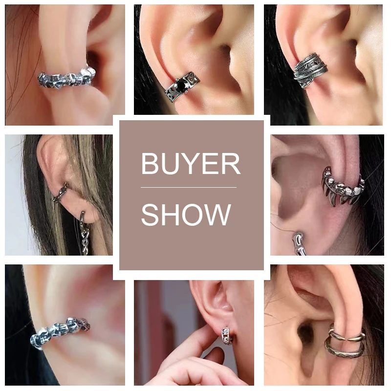 ZS 2PCS Skull Eye Punk Style Ear Cuff For Women Men Stainless Steel Clip Earrings No Piercing Fake Cartilage Earrings Jewelry ear clip earrings,clip earrings,ear clip,ear accessories