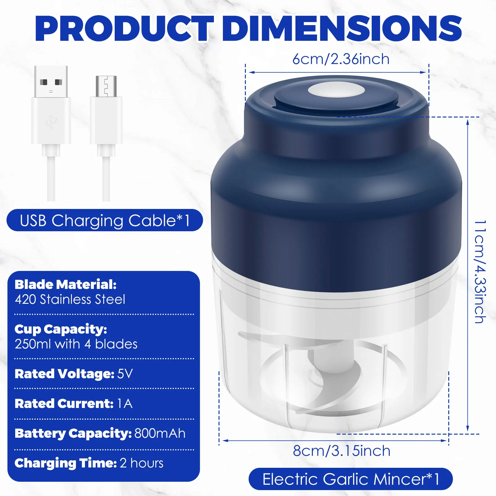 Electric Garlic Chopper 23W 5V Portable Veggie Chopper Garlic Grinder Masher Cordless Food Processor for Home Kitchen