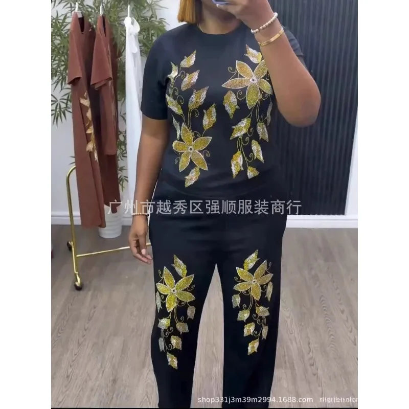 2 Piece Women Set Dashiki African Clothes Summer Spring New Fashion Short Sleeve Top And Pants Suit Party Lady Matchi