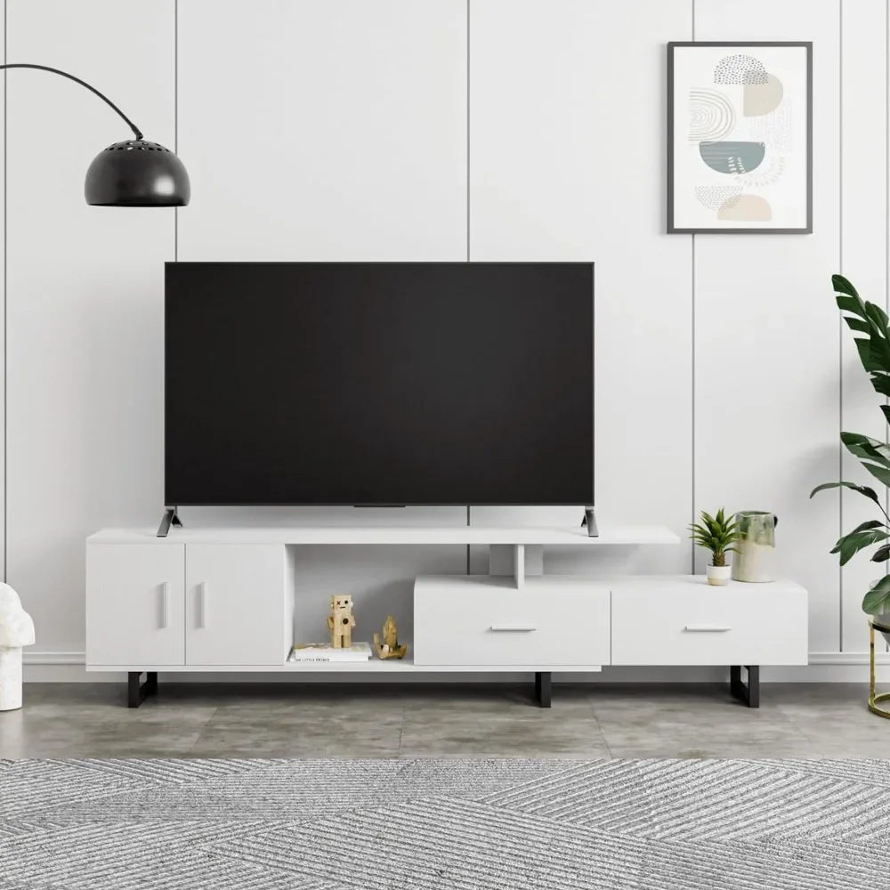 Modern 69" TV Stand with MDF Cabinet and Powder Coated Steel Legs for Living Room and Bedroom, White 3
