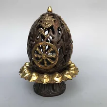 

8" Chinese Folk Collection Old Bronze Gilt lotus lamp hollow out incense burner lotus platform office ornament Town house