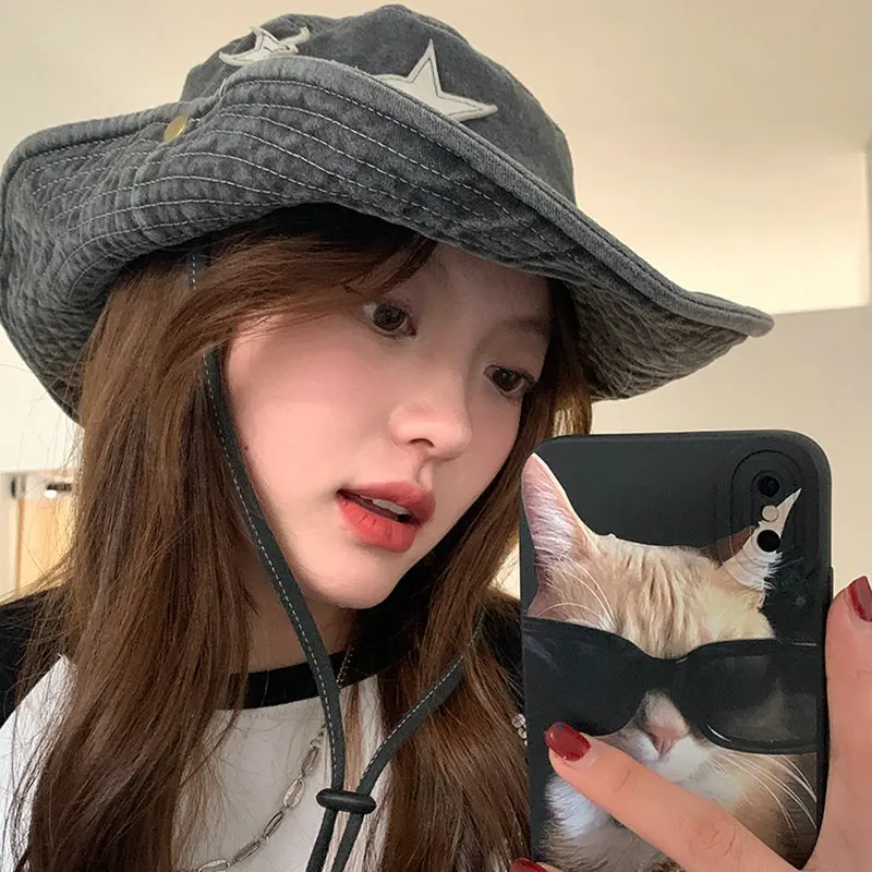 Y2K 펑크 핑크 스타 와일드 웨스턴 카우보이 캡, 유니섹스 넥 드로우 스트링 패션, 레트로 데님 모자, 여성용 조절 가능한 버킷 햇