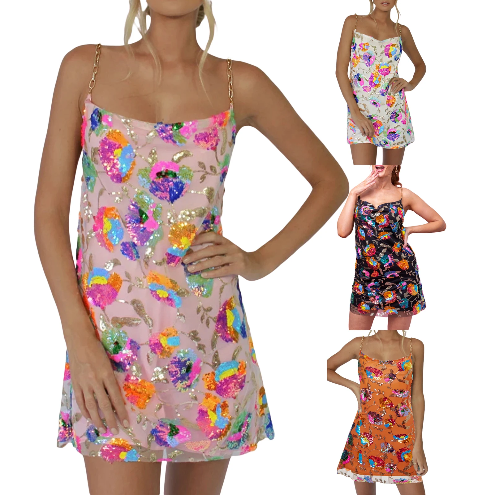 

Women Sling A Line Dress Y2k Basics Sexy Casual Sleeveless Backless Sequined Flower Club Party Mini Camisole Dress