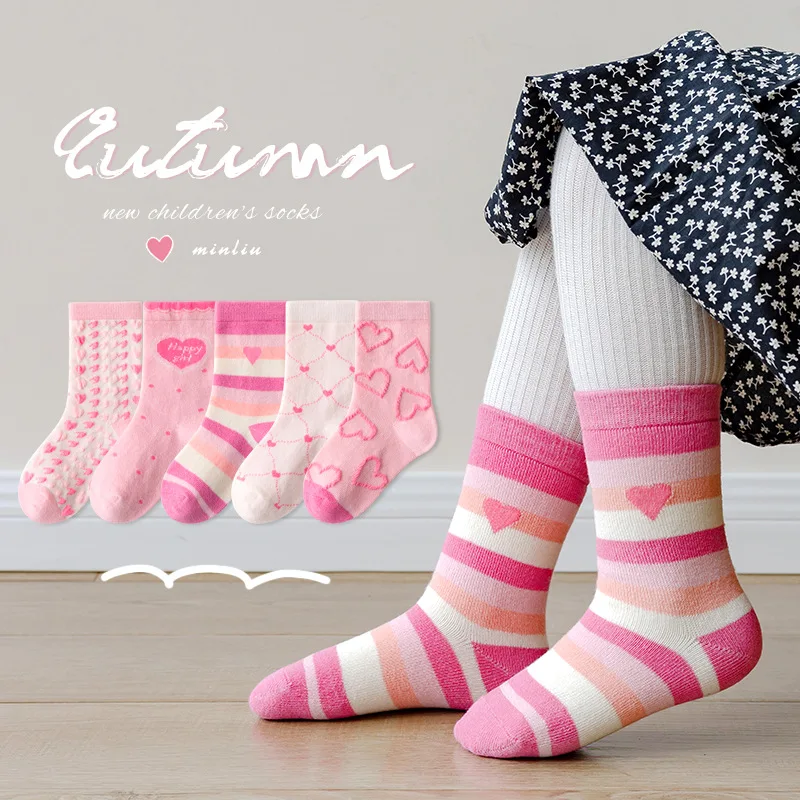Little Girls Socks Spring Autumn Winter Cotton Socks Baby 1-12T Children's Calf Socks Girl Cartoon Love Pattern 5 Pairs Socks 2