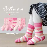 Little Girls Socks Spring Autumn Winter Cotton Socks Baby 1-12T Children's Calf Socks Girl Cartoon Love Pattern 5 Pairs Socks 2