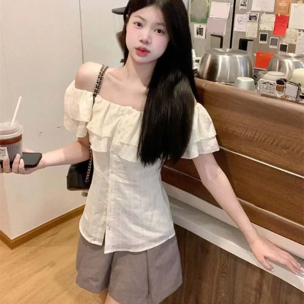 Fashion Boat Neck Off Shoulder Tops Ruffle Thin Beige Short T-shirts Ins Style Shirt Y2K Short Sleeves Tops Clue