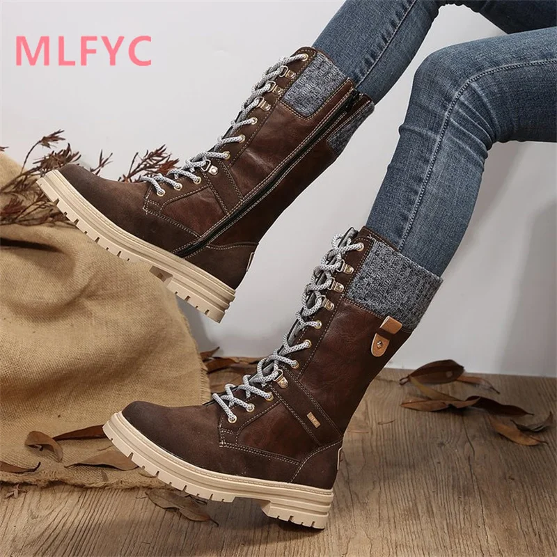 Winter Round Head Low Heel Side Zipper Large Mid Size Boots Women's Fashion Casual Boots Simple Boots Mujer