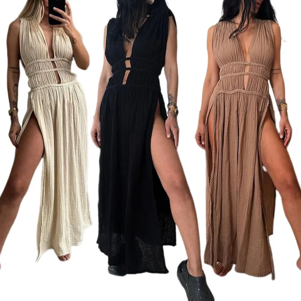 

1Pc Hollow Out Summer Long Dress Deep V Neck Lace-up Slit Maxi Dress Belted Waist Bohemian Style Pleated Split Beach Maxi Dress