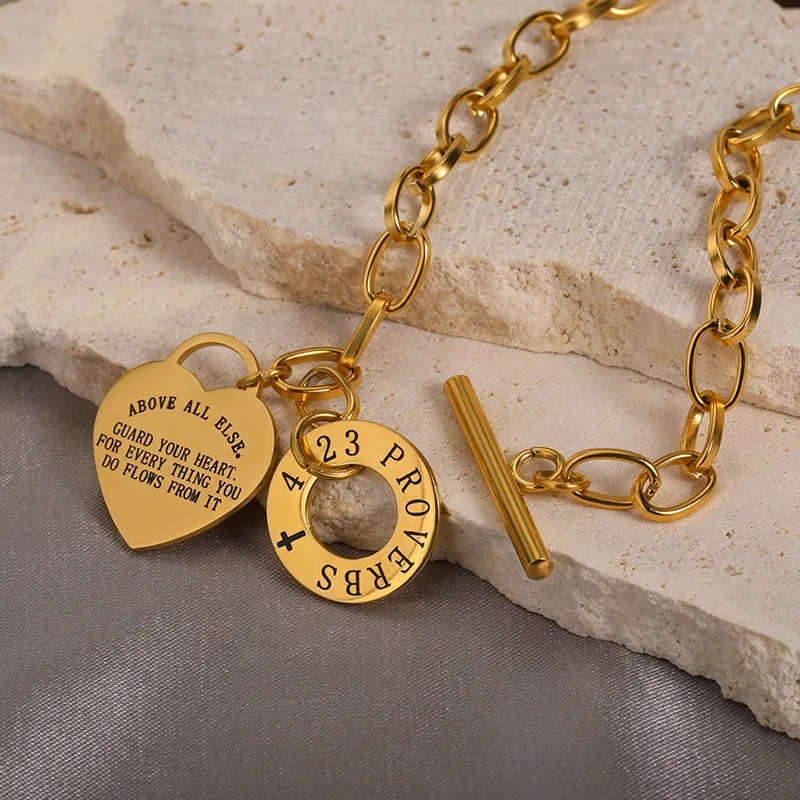 Stainless Steel Engraved Lettering Heart Necklace For Women Gold Plated OT Chain