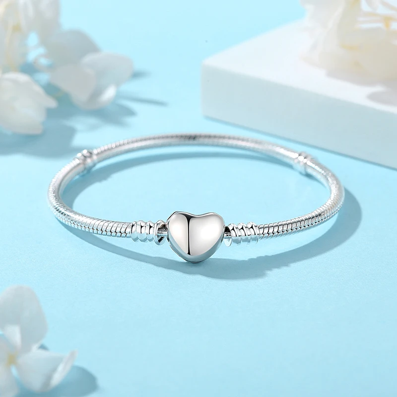 Original 925 Sterling Silver Bracelet for Women Charms Beads Rose Gold Heart Bangles Snake Chain Luxury Jewelry Gift