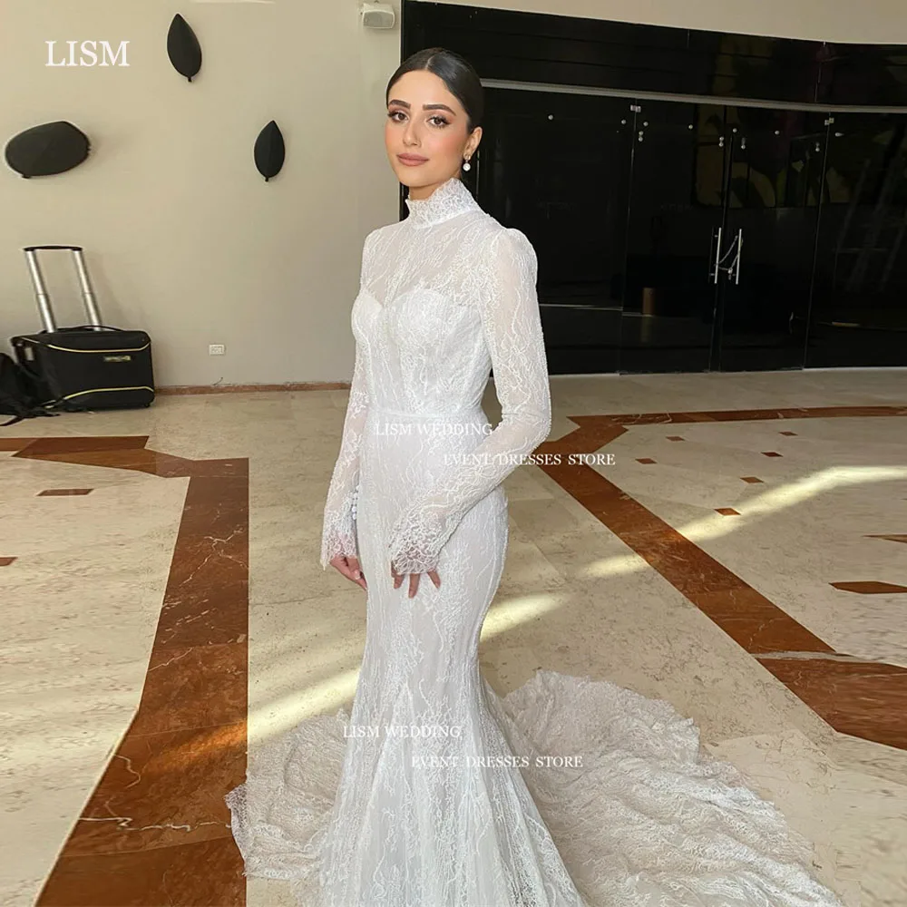 

Женское кружевное свадебное платье-Русалка LISM, винтажное платье до пола с длинным рукавом, юбка-годе