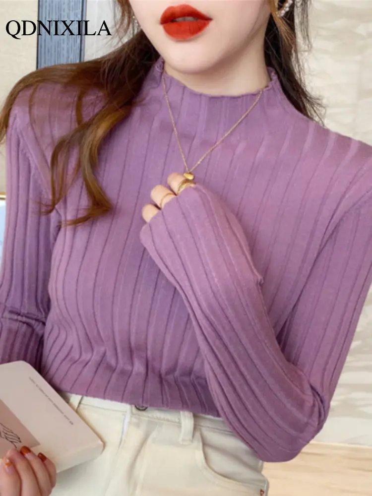 

2023 Autumn and Winter Pit Stripe Half High Collar Base Coat for Women Wear Sweater In Autumn Knit Plus Size Sweaters Jumper