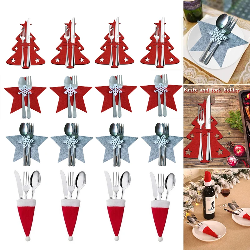 

4PCS Xmas Cutlery Bag Knife Fork Storage Bag Christmas Tree Stars Snowflake Xmas Knife Fork Bag Cutlery Cover Table Decoration