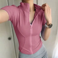 Women Summer Slim Yoga Tops Stand Collar Full Zipper Short Sleeves Shirts Solid Workout Clothes Gym Running Coats Lady Casual 5