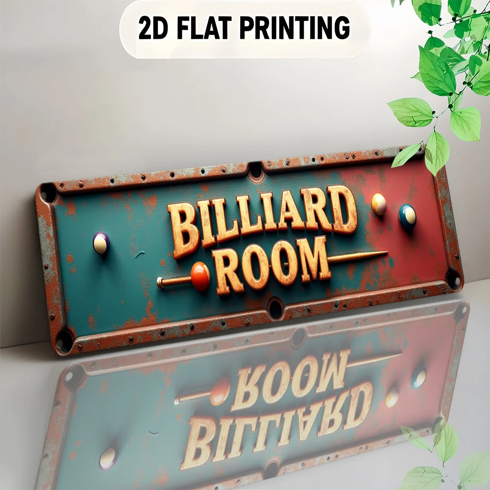 2D Flat, Vintage Billiard Sign - Pool Table Decor with Billiard Balls Design - Heavy-Duty Metal - Large 3.94x15.75 Inch (10x40cm 1