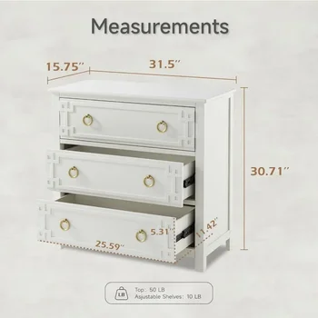Farmhouse 3-Drawer Dresser, Fully-Assembled French Country Chest of Drawers , Rustic Dresser for Bedroom, Living Room, White 2