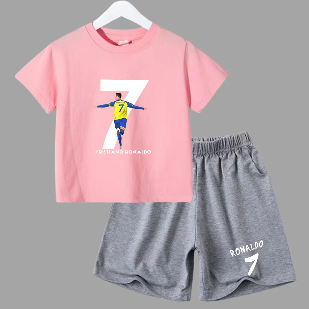 thumbnail image 1 of Traje deportivo de verano CR7 Ronaldo para niños de 2 a 14 años, conjunto de 2 piezas, camisetas de manga corta informales y pantalones cortos, conjuntos de ropa de ídolo para niños, 1 of 5
