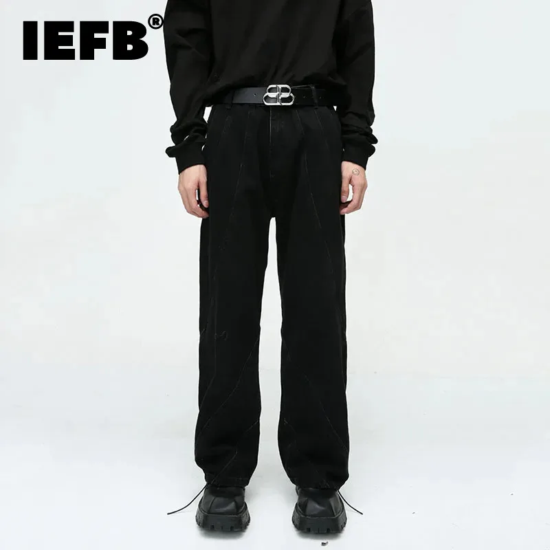 

IEFB Korean Style Men's Jeans Trendy Straight Drop Casual Wide Leg Denim Pants Fashion Niche Design Spliced Baggy New 9C3137