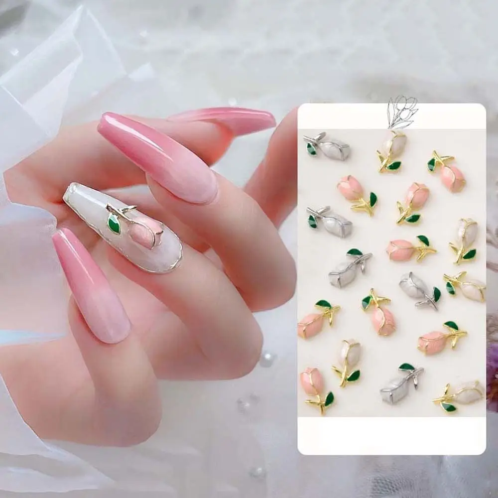 10Pcs Silver Gold Tulips Flowers Nail Art Decorations 3d Charms Nails