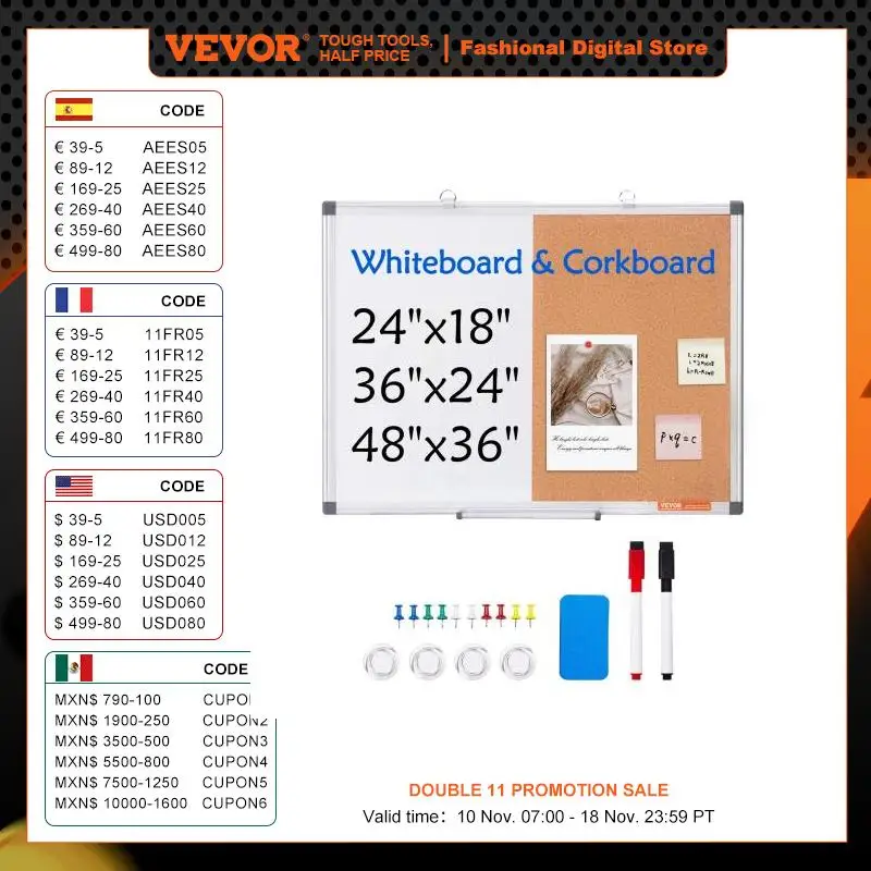 VEVOR Whiteboard & Cork Board 2-in-1 Magnetic Dry Erase/with Linen Surface Bulletin Board for Wall Mount for School Home Office