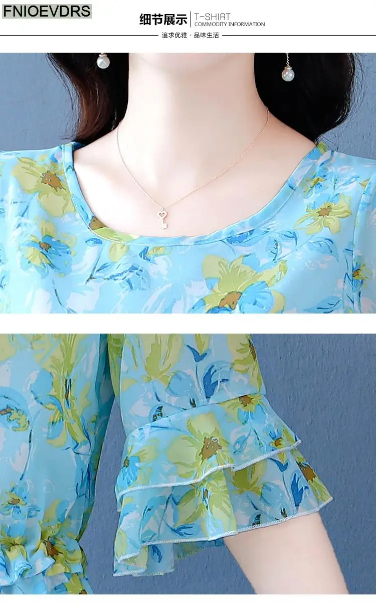S-4XL Loose Clothes 2023 Women Summer Slim Waist Drawstring Ruffles Shirts Casual Chiffon Floral Tunic Peplum Tops And Blouses