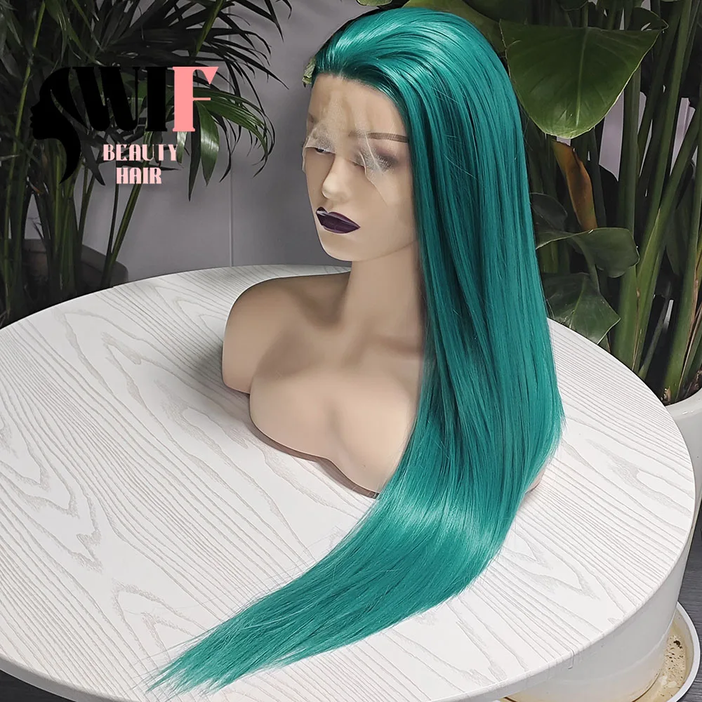 WIF Silk Straight Teal Green Synthetic Hair Free Part Long Straight Emerald green Color Heat Fiber Lace Front Wig Makeup Use Wig lace front wig