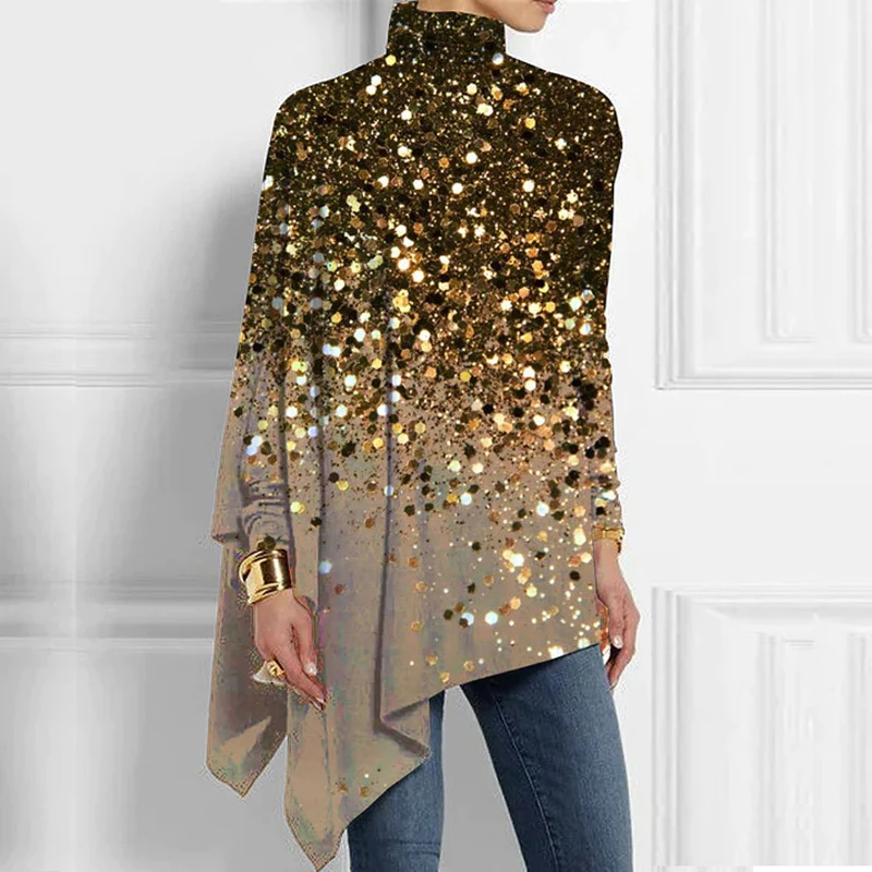 

2023 Fahsion Turtleneck Irregular Blouse Women Elegant Glitter Sequin Loose Shirt Spring Autumn Casual Long Sleeve Pullover Tops