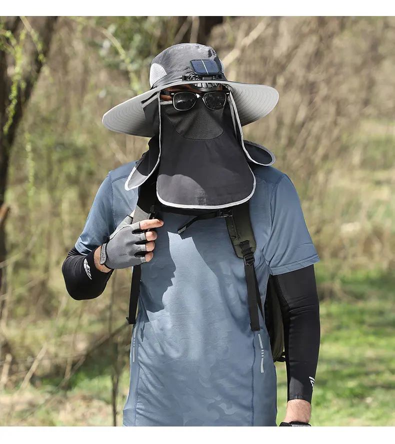 Sombrero Solar Fan Fischer Hut Im Freien Große Krempe Sonnenschutz schnell trocknend Angeln Hüte Männer Wiederaufladbare Große Wind Stumm Kappe große – Detail 21