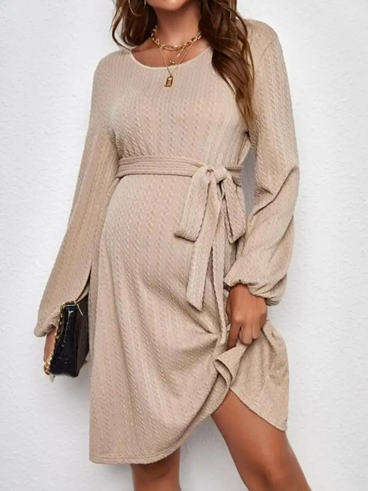 Maternity Womens Jacquard Knit Puffy Sleeve Dress With Belt Pregnancy Women Clothes For Fall Winter
