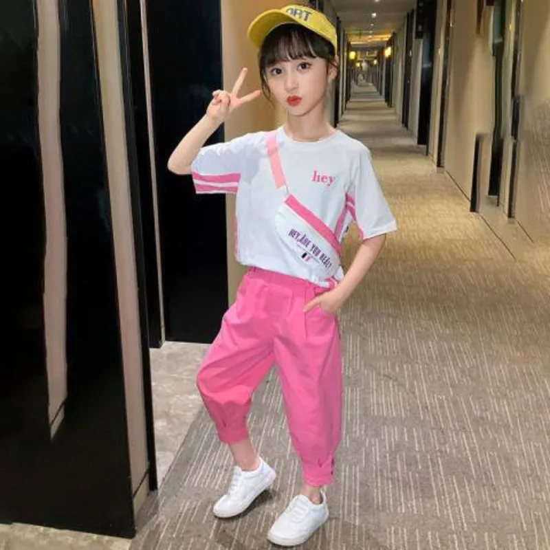 

2023 Summer New Childhood Girls' student Sports Short Sleeve Set Middle and Big children Leisure Fashion Trend kids clothing