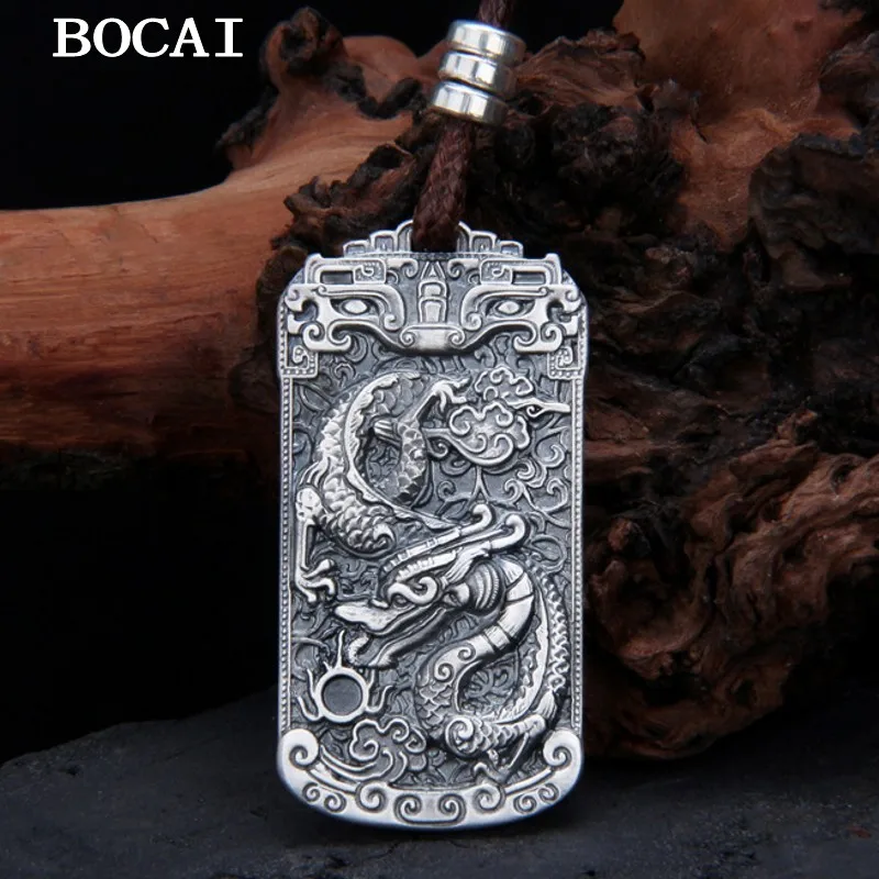 

BOCAI NEW S999 Sterling Silver Retro Personalized Matte Frosted Fuze Qiankun Dragon card Pendant Men's Gift