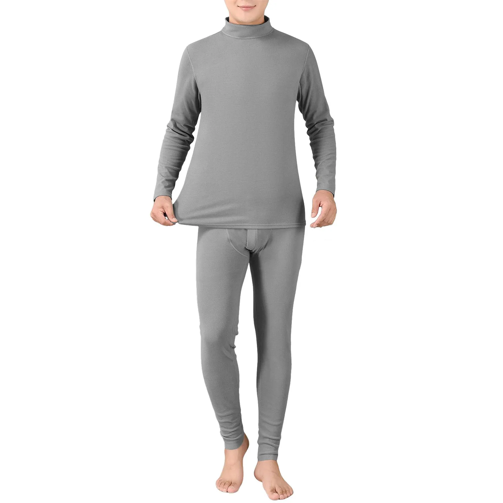 Mens Solid Color Elastic Underwear Set Autumn Winter Thick Soft Thermal Pajamas Crewneck Long Sleeve Pullover Fit Slim Pant Male
