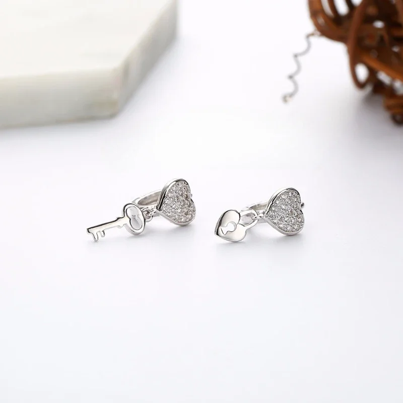 

S925 Sterling Silver Love Lock Zircon Women Earring Girl Lady Charm Light Luxury Simplicity Ear Stud 2024 New Valentine Day Gift