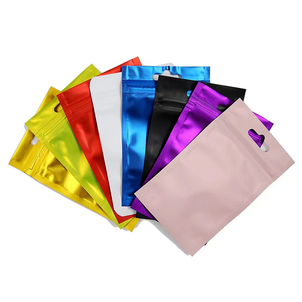 100Pcs 지퍼 잠금 다채로운 알루미늄 호일 가방 교수형 구멍 매트 지우기 창 셀프 그립 지퍼 인감 눈물 노치 재사용 가능한 식품 팩