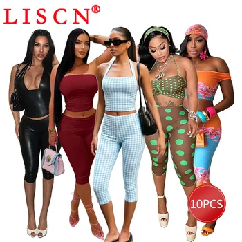 10 Wholesale Lots Tracksuits for Women 2026 Two Piece Set Outfits Sexy Sleeveless Halter Crop Top + Calf Length Pants K17066