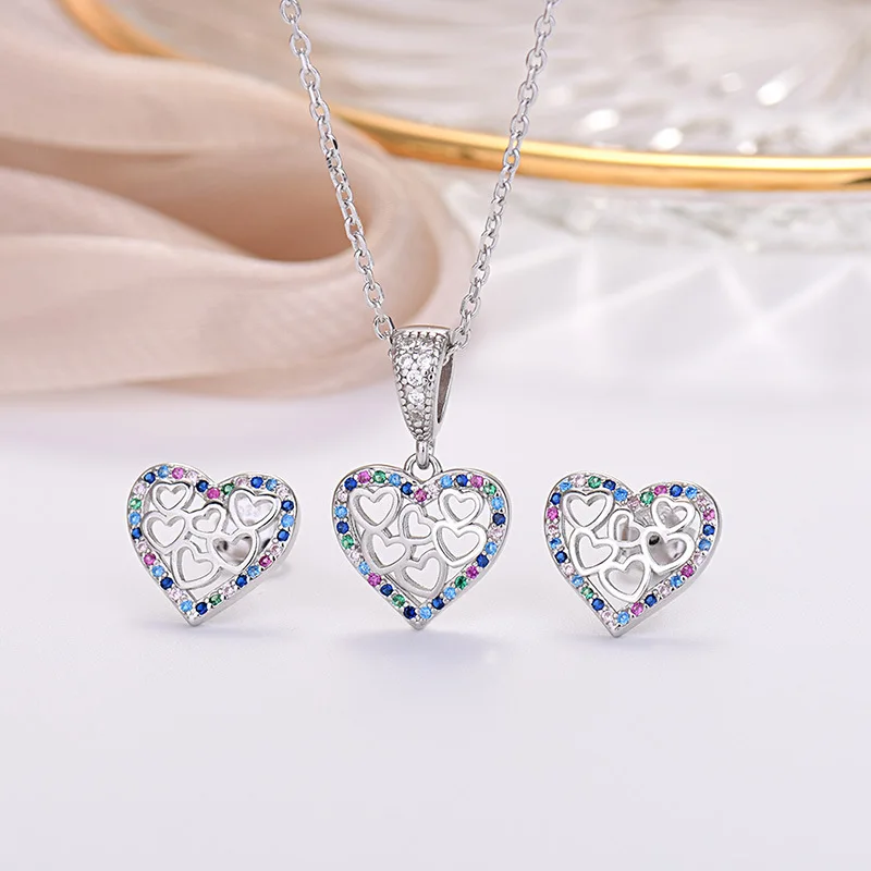 

Set of Three S925 Silver Full Heart Zircon Luxury Stud Earrings Fashion Openworked Colourful Pendant For Women Personality Gifts