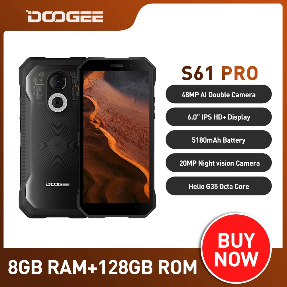 

DOOGEE S61 Pro IP68/IP69K Rugged Phone 6.0" Android 12 20MP Night Vision Multiple Back Case Design 5180mAh Phone