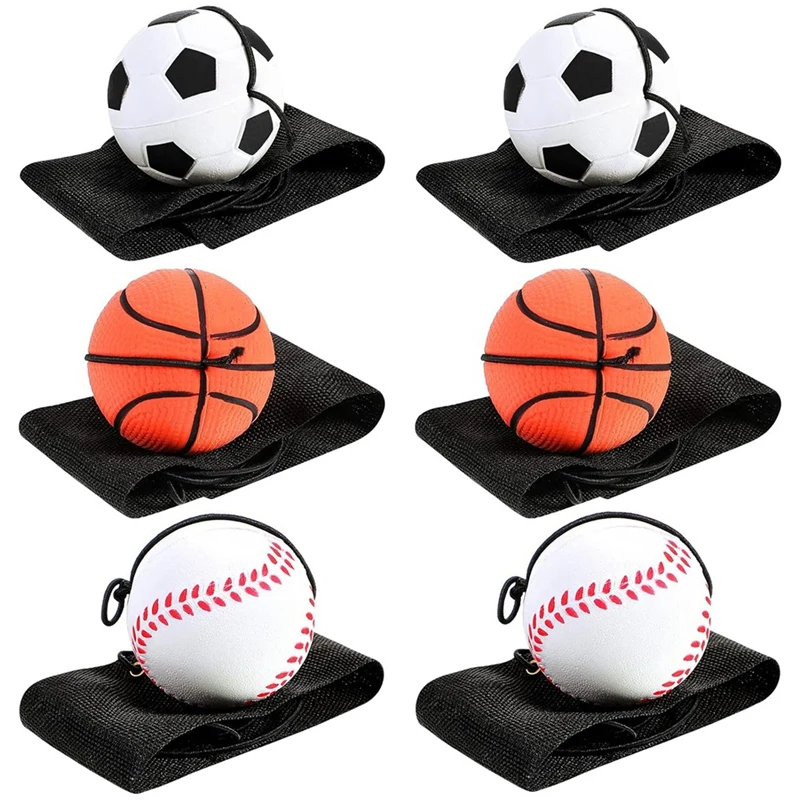 6 Pcs Wrist Return Ball Sports Wrist Ball Includes Basketball, Baseball And Football On A String Rubber Rebound